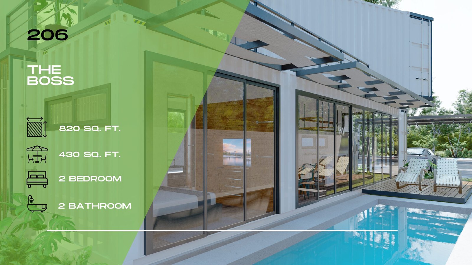 206 – The Boss | 2-3 Bed · 2 Bath · 115 m² (Container Home)